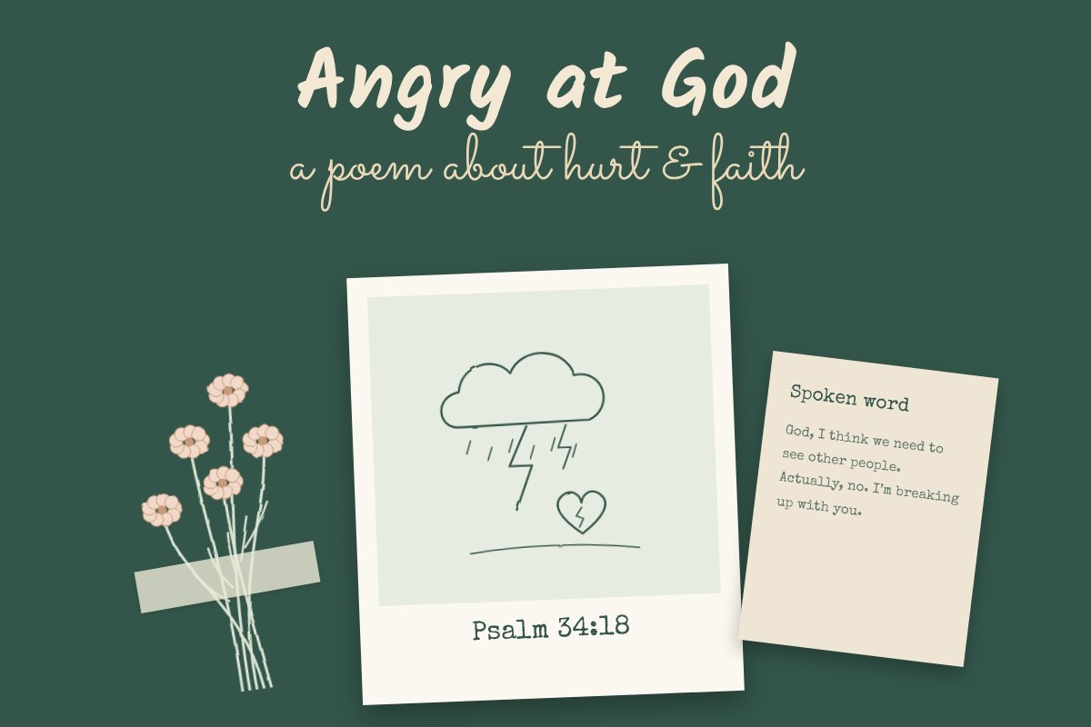 Fine-line illustration. A storm cloud with lightning over a cracked heart.