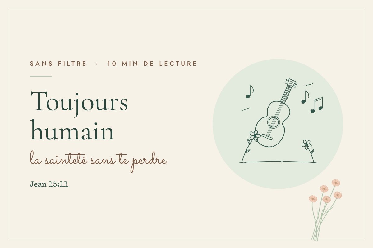 Illustration au trait fin. Une guitare acoustique avec des notes de musique et des fleurs des champs.